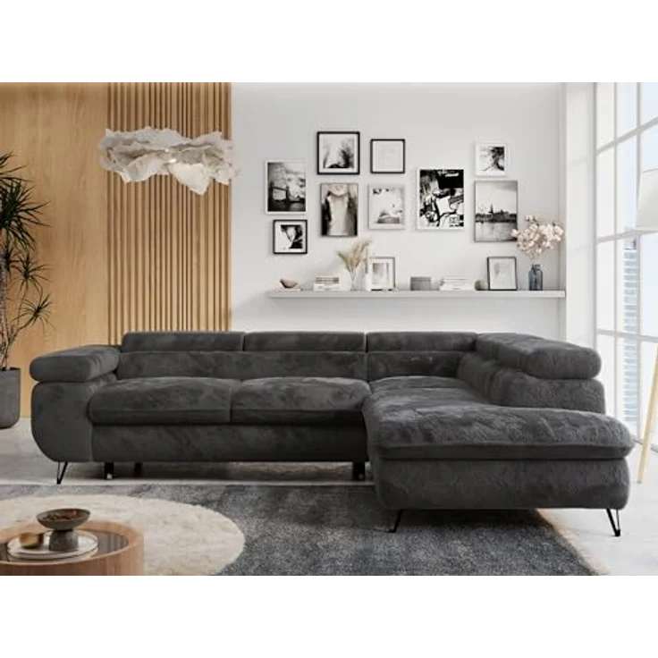Ecksofa mit Bettfunktion, Modern Sofa, L-form, Einstellbare Kopfstützen, Bettkasten - PETER - Dunkelgrau Plüsch - rechts – Bild 3