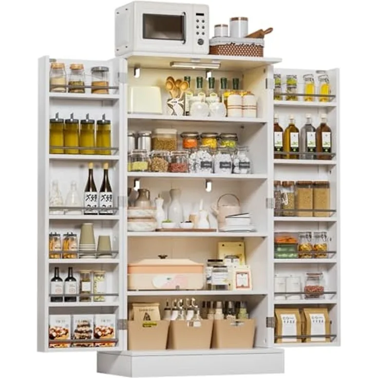 Yorbay Mehrzweckschrank Küchenschrank mit LED-Sensorlicht & höhenverstellbaren Regalen (118 x 60 x 38 cm) Freistehender Vorratsschrank mit Doppeltüren für Küche & Wohnzimmer