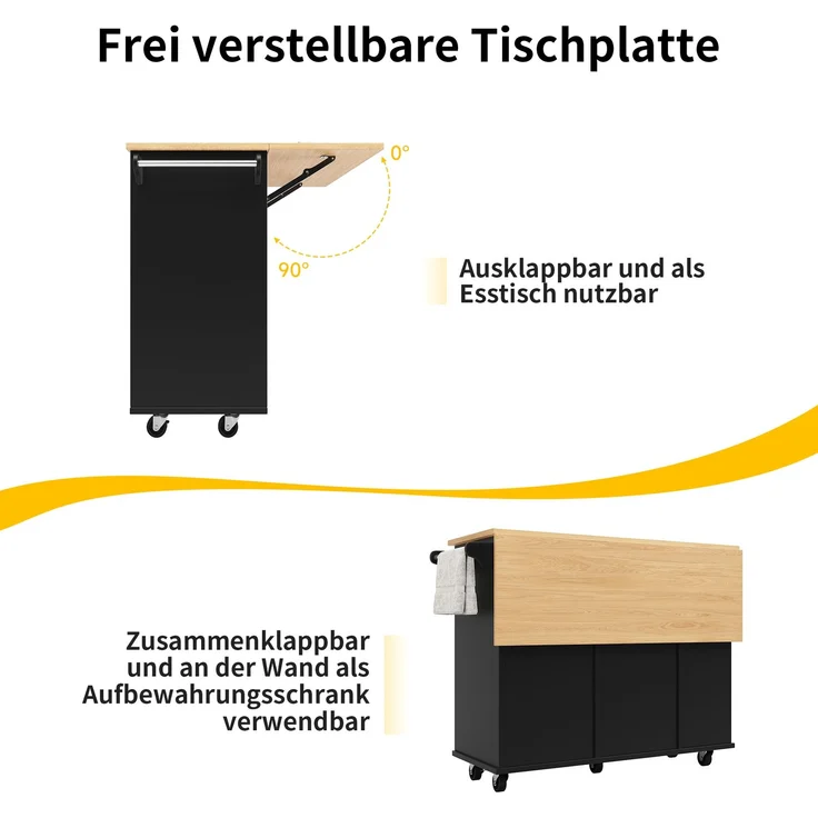 Merax Kücheninsel mit herausnehmbaren Trennwänden, Küchenschrank, Esszimmerwagen mit Arbeitsplatte, Buffetschrank, Esszimmerwagen mit Holzmaserung, ausgestattet mit Snackhalter und Weinglasregal, schwarz – Bild 5