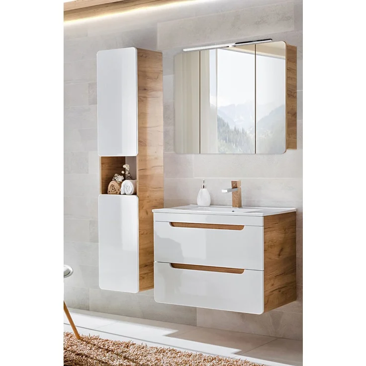 Badmöbel Set mit Keramikwaschtisch in Hochglanz weiß mit Wotan Eiche Nb. LUTON-56 mit LED-Spiegelschrank, B/H/T ca. 130/200/46 cm – Bild 1
