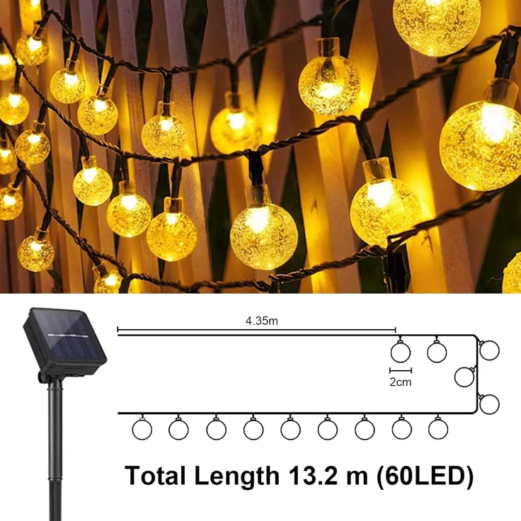 LQWELL® Solar Lichterkette Aussen 13M 60LED 8 Modi für Innen und Aussen Kettenlicht Kristall Kugeln IP44 Lichterkette Wasserdicht Garten Terrasse Balkon Hochzeit Party Fenster (Warmweiß) – Bild 7
