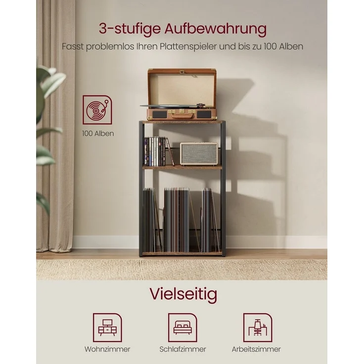 VASAGLE Beistelltisch, Plattenspieler-Ständer mit 3 Etagen, Holz Vintagebraun, 30 x 81 x 69 cm – Bild 2