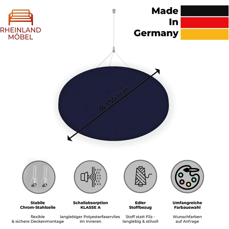 Rheinland Möbel FocusWall DAR03 – Runder Akustik-Deckenabsorber Ø 30 cm in Stofffarbe Ocean inkl. Chrom-Stahlseilen - Made in Germany - Klasse A, Stoffbezug, schwer entflammbar – Bild 2