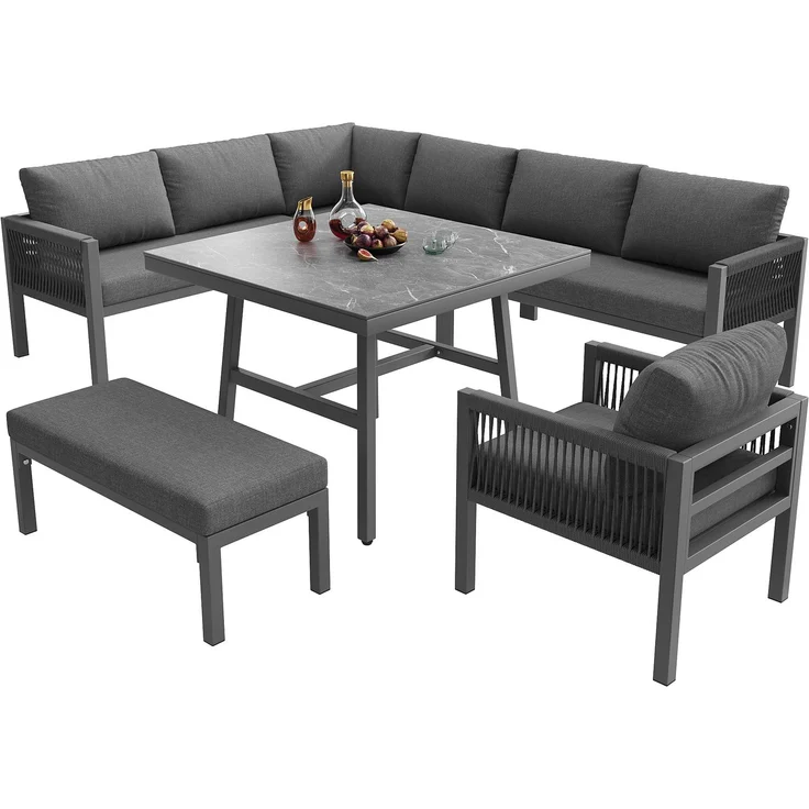 Merax Garten-Lounge-Set, Gartensofa-Garnitur in L-Form für bis zu 8 Personen / Robustes Eisengestell mit grauen Polstern / Komplett mit Tisch (Holzoptik Glas) & 1 Sessel, grau – Bild 10