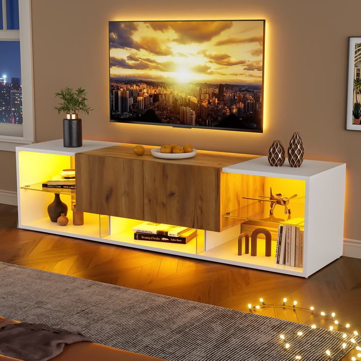TV-Schrank 160x40x42cm Weiß/Naturholz mit LED-Beleuchtung, 2 Schubladen & Glasablage – Fernsehmöbel