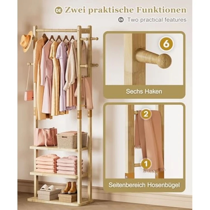 Yorbay Kleiderständer Garderobenständer aus Massivholz mit Ablagebrettern & Haken, Offener Kleiderschrank für Flur, Schlafzimmer – Bild 3