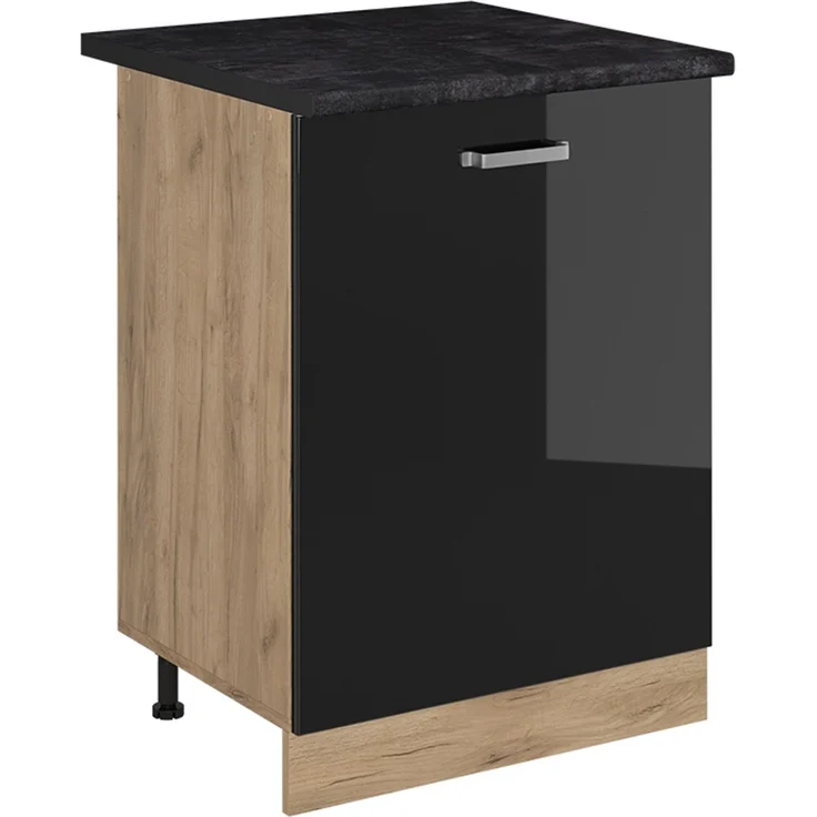 Küchenunterschrank R-Line Schwarz Hochglanz/Goldkraft Eiche 60 cm mit 1 Tür Arbeitsplatte Anthrazit Vicco – Bild 1