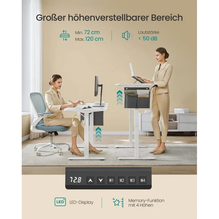 SONGMICS Schreibtisch Höhenverstellbarer elektrisch, 100/120/140/160/180 cm, USB-C-Anschluss, Memory-Funktion für 4 Höhen, mit Stoff-Organizer – Bild 3