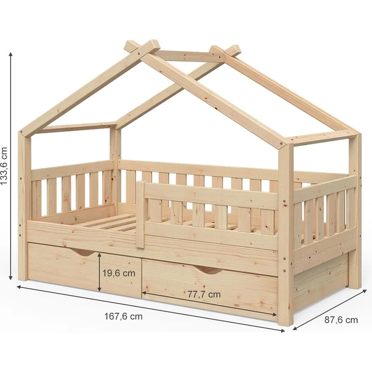 Hausbett Design Naturholz 80x160 cm mit 2 Schubladen und Matratze Vitalispa – Bild 3