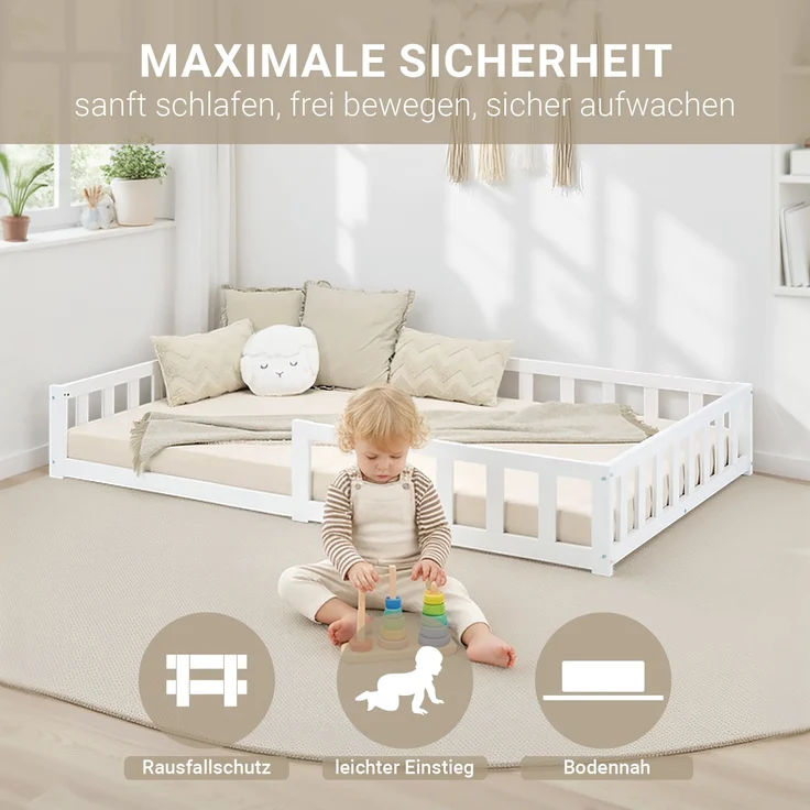 Kinderbett 120x200 mit Matratze Bodenbett mit Rausfallschutz Montessori Bett Kleinkindbett Holz Massiv Weiß Einzelbett Lattenrost – Bild 5