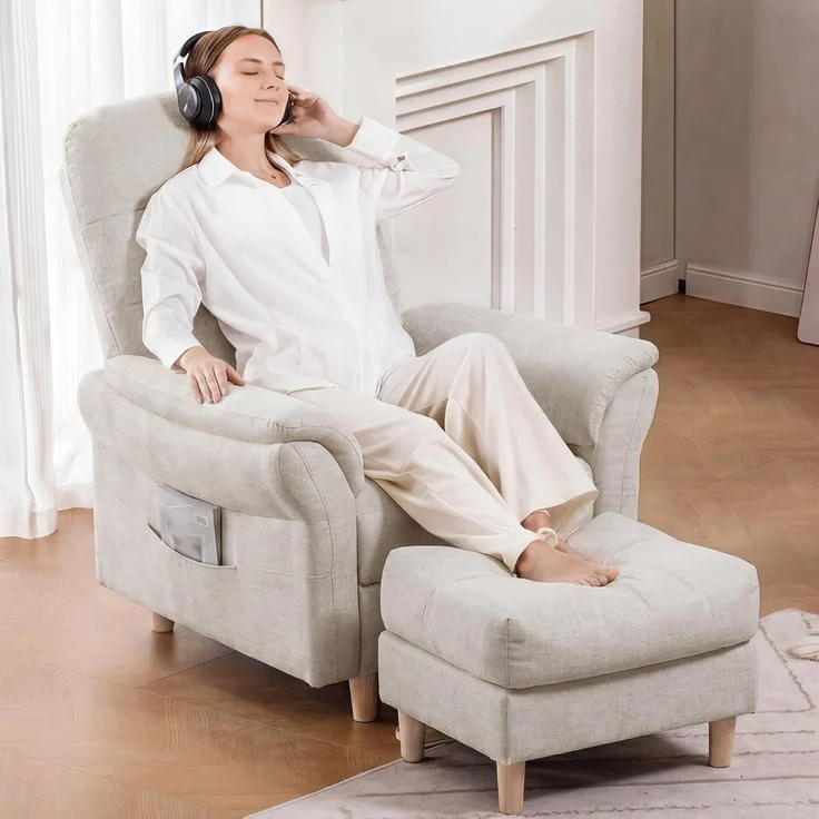 COMHOMA Relaxsessel Fernsehsessel mit Verstellbarer Rückenlehne 4-Gang-Verstellung bis 160°,Federkissen mit Hocker Einzelliege Sessel Wohnzimmer Schlafzimmer Heimkino Leinen, BEIGE – Bild 10