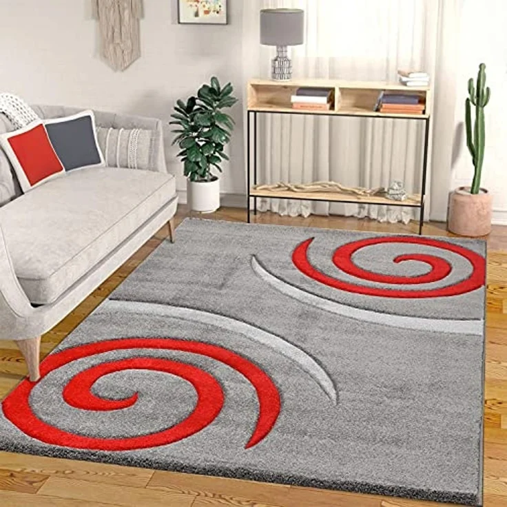 Vimoda Frisé-Teppich Konturenschnitt aus Hand, Rechteckig, Höhe: 13 mm, spiral zeichnung,dicht,dick,Wohnzimmer Teppich,Kurzflor,Rot – Bild 1