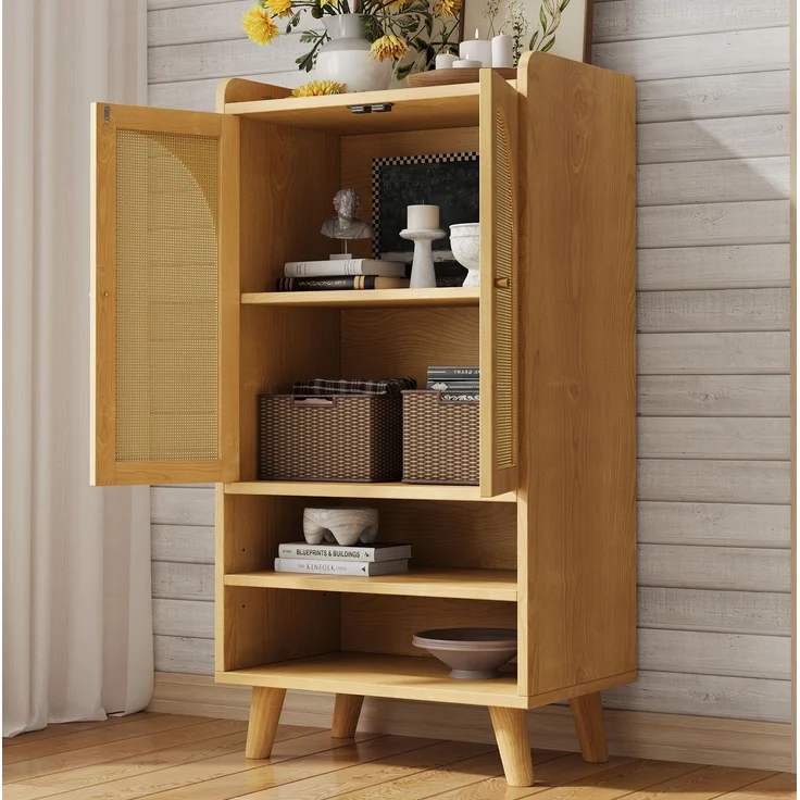 DESVIAE Sideboard mit 2 Rattantüren und offenen Fächern 60x121x40 cm Spanplatte Natur – Bild 4