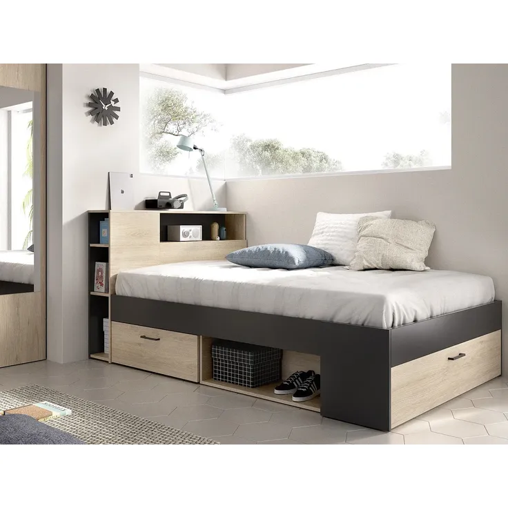 Vente-unique - LEANDRE Bett Holz, Platte GrauBeige - B 129,6 cm x H 95 cm x L 217,3 cm