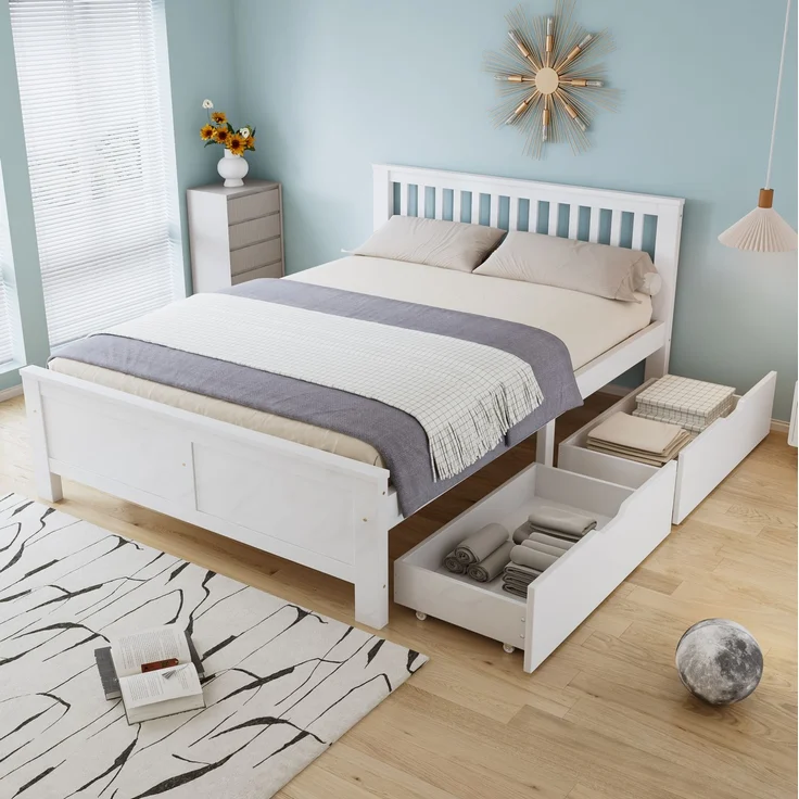 CHICFURN Doppelbett aus Kiefernholz und MDF Weiß 140x200 cm mit 2 Schubladen – Bild 6