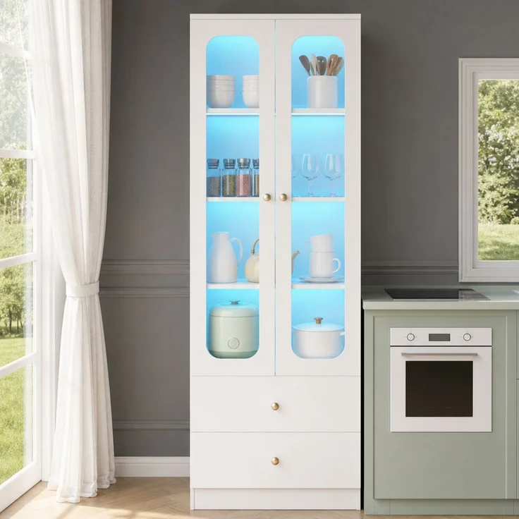 ZUBALIYA Glasvitrine, Küchenschrank, Aktenschrank, Sammelfiguren-Vitrine, 4 Ebenen Spielzeugschrank mit 2 Schubladen, LED-Leiste mit RGB-Farbwechsel per App steuerbar, goldene Metallgriffe, weiß, 60x35x170 cm – Bild 2