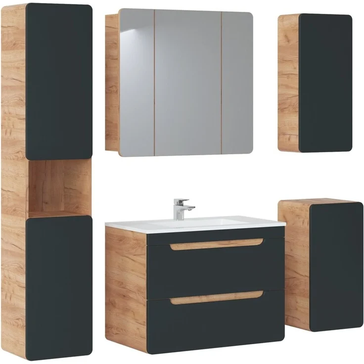 Badmöbel Set 3-teilig. Badmöbel Set 80 cm mit Waschbecken, Badspiegel und LED-Leuchte, Eiche Craft Nb./Dunkelgrau – Bild 1