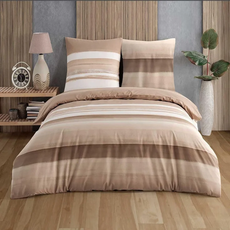 Buymax Bettwäsche Palermo, Renforcé: 100% Baumwolle, 2 teilig, 135x200 cm, Bettbezug-Set, mit Reißverschluss, Streifen, Braun-Beige – Bild 1