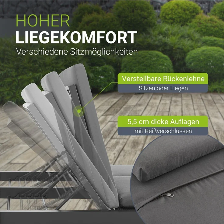Juskys Doppel Loungebett Kreta - Gartenliege für 2 Personen - Dach & Rückenlehne verstellbar - Sonnenliege für Terrasse, Garten & Balkon - Liege Grau – Bild 5