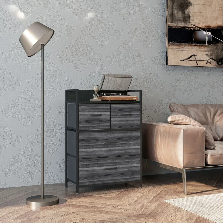 Kommode, Sideboard, 4 Stoffschubladen, Industrial Design, 60x29x85cm, Schwarz--Schwarz--60x29x85cm--YOUDENOVA – Bild 3