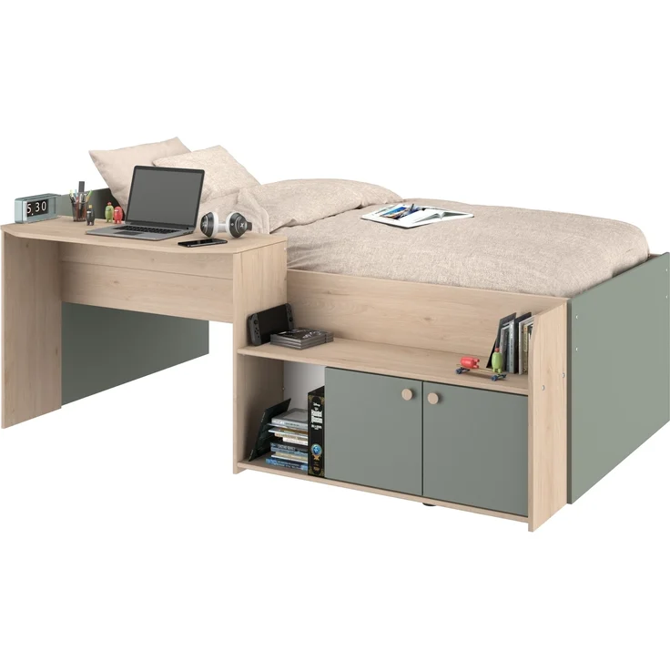 Hochbett >Jade< Liegefläche 90x200cm, Grün - Eiche Dekor - 203x136x79cm (LxBxH) – Bild 3