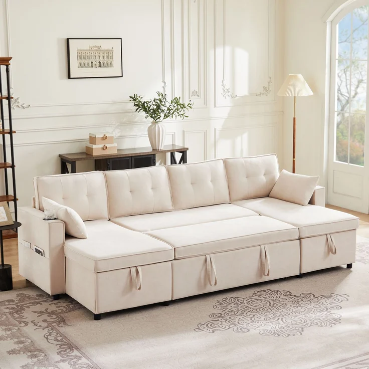 U-förmiges Schlafsofa Baumwoll-Leinen Beige, 270x130x86 cm, mit Stauraum & Getränkehalter – Bild 2