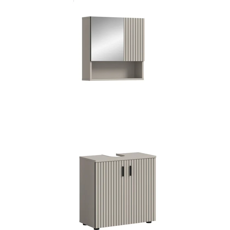 xonox. home – Badkombination Mone 60 x 180 x 30 cm in Kaschmir Nachbildung – 2-teiliges Set bestehend aus Waschbeckenunterschrank & Spiegelschrank – Ideale Lösung für kleine Bäder, modern & pflegeleicht – Bild 1
