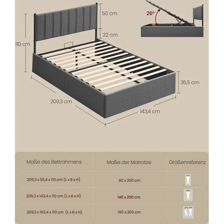 VASAGLE Bettgestell, Bettrahmen, Bett, 140 x 200 cm, klappbar Lattenrost, Unterbettaufbewahrung, Kopfteil, Hydrauliksystem, modern, einfache Montage, dunkelgrau – Bild 4
