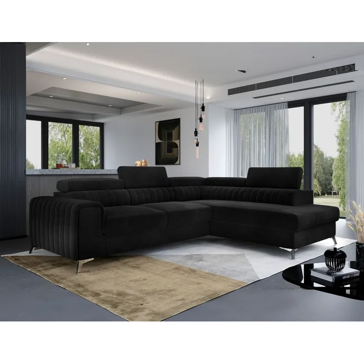 Ecksofa mit Schlaffunktion Sofa ELENI Stoff Matt Velvet Schwarz Ottomane Rechts
