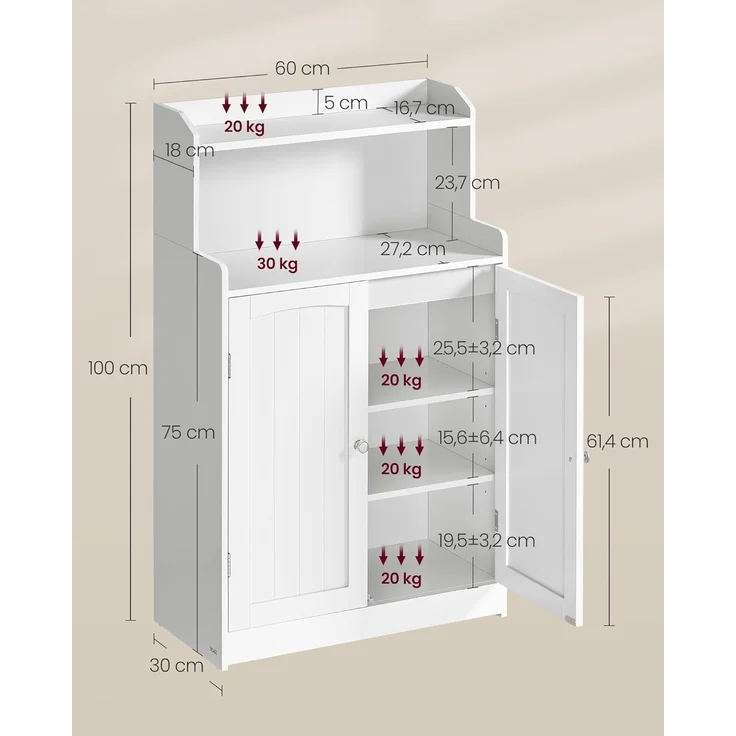 VASAGLE Badezimmerschrank, Badschrank mit 2 Türen, 2 verstellbare Eingeböden, 30 x 60 x 100 cm, Schrank für Esszimmer, Küche, Wohnzimmer, wolkenweiß BBC770W01 – Bild 3