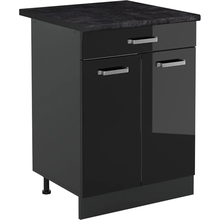 Küchenunterschrank R-Line Schwarz Hochglanz/Anthrazit 60 cm mit Schublade Arbeitsplatte Anthrazit Vicco – Bild 1