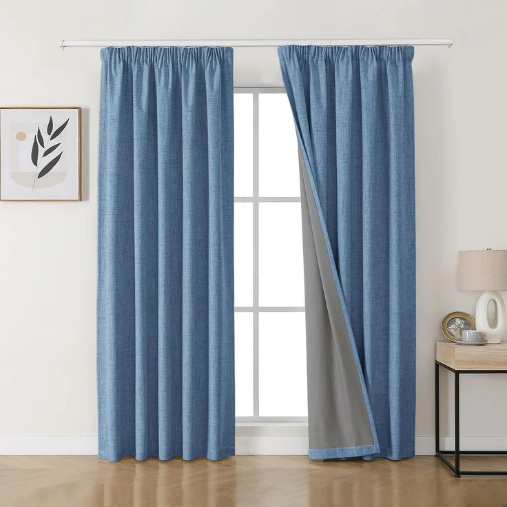 Joydeco 100% Verdunkelungsvorhänge Leinen Gardinen mit Kräuselband 2er Set H225xB140cm Wathet, Thermovorhang Kälteschutz Blickdicht Schallschutz Ideal für Wohnzimmer passt zu Schienensystemen – Bild 2