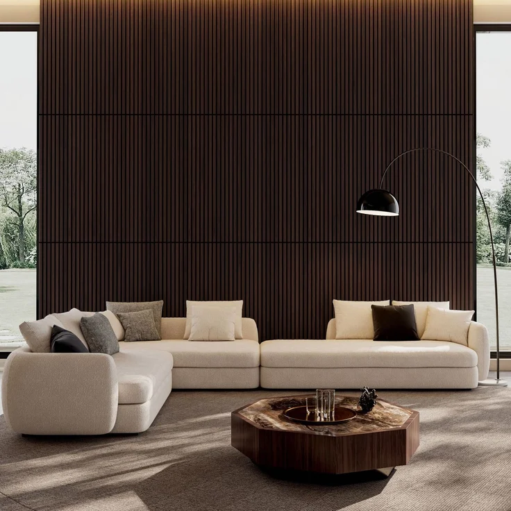Holzpaneele für Wandlamellen, 4-teiliges Set Akustikpaneele aus Holzlamellen für Wand und Decke – 3D-geriffelte, schallabsorbierende Paneele mit dreiseitiger Holzverkleidung – 120 cm x 60 cm (Dunkelwalnuss) – Nussbaum – 115 x 62 x 9,5 cm – YOUDENOVA – Bild 2