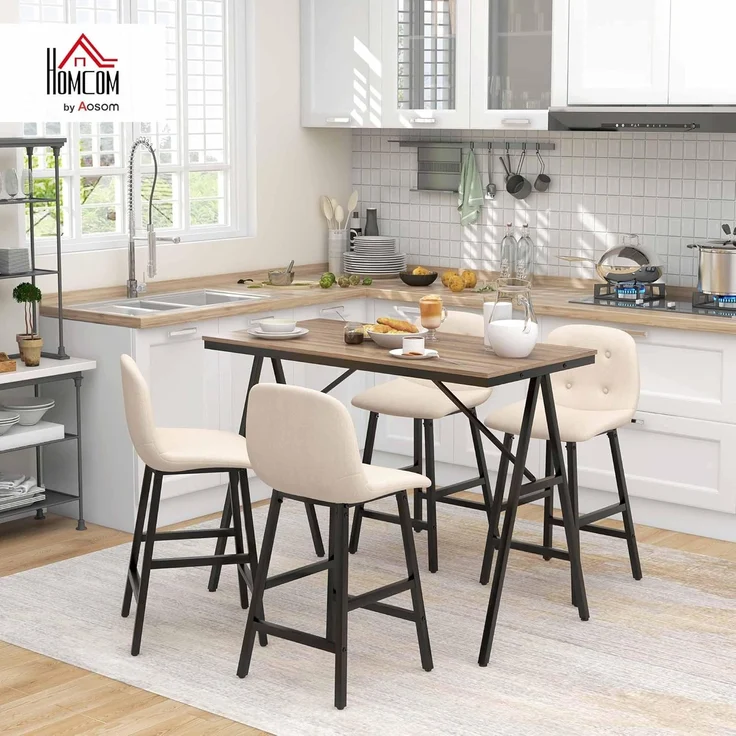 HOMCOM Bargruppe Küchentisch, Bistrotisch mit 4 Stühlen, Bartisch Set für Küche, (Bartisch-Set, 5-tlg, 5-teiliges Bartisch-Set), Beige – Bild 2