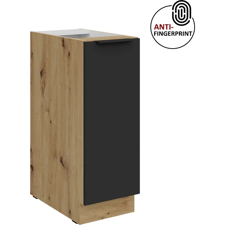 Küchen Unterschrank Schrankauszug 30 cm Küche ARIA Schwarz ultra matt + Eiche Artisan matt, hochwertige Fronten mit Anti Fingerprint Beschichtung Küchenzeile Küchenblock