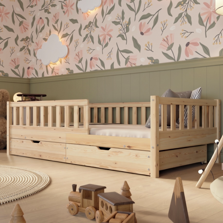 Crazy Pine 'Crazy Basic' Kinderbett mit Rausfallschutz, Skandinavisches Design, Holz, Natur, 80x160 cm, mit Schublade