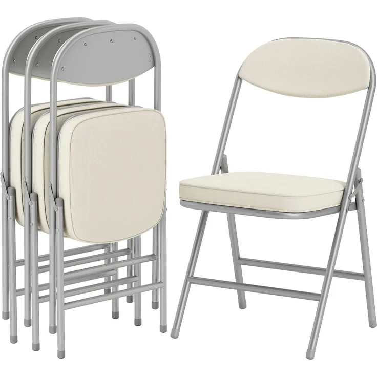 MELAYR, 4er-Set gepolsterte Klappstühle, Faltbare Stühle mit Cordbezug, Rückenlehne, 48.5 x 45 x 82 cm, Cremeweiß