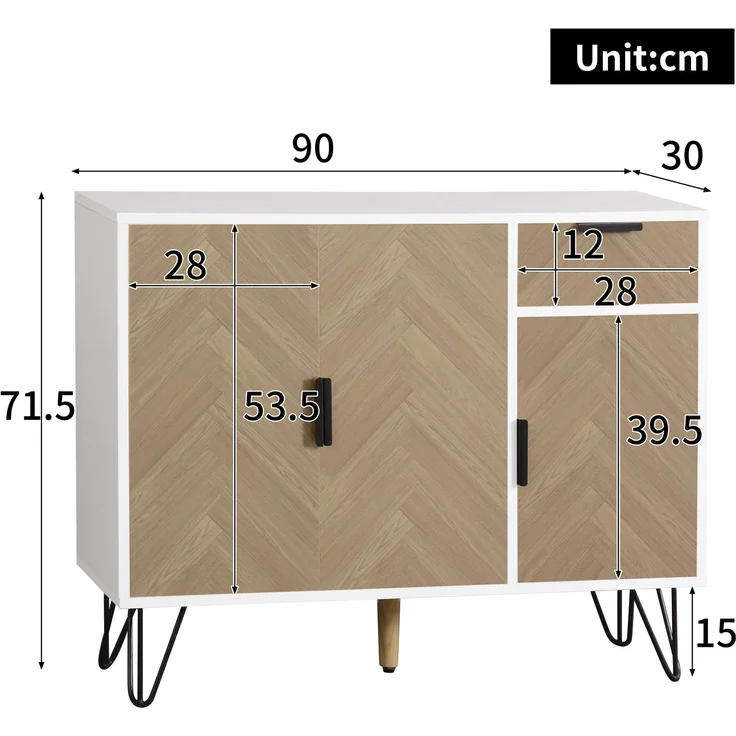 Merax Moderner Aufbewahrungsschrank, Sideboard in Weiß und Holzoptik mit Schublade und höhenverstellbaren Einlegeböden (90 x 30 x 71,5 cm) – Bild 4