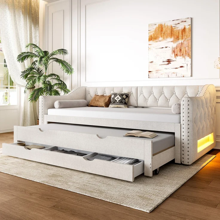 Gepolstertes Tagesbett 90x200 cm mit LED-Licht, Ausziehbett und 3 Schubladen, Beige – Bild 4