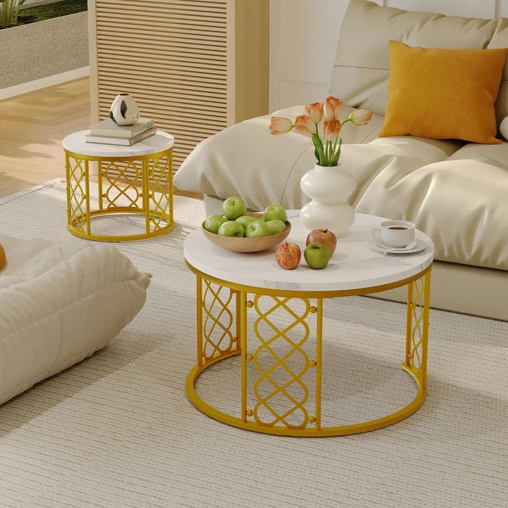 2er-Set Couchtisch nestbar 70x70x45 + 45x45x37 cm, Weiß Marmoroptik, Metallgestell Gold – Bild 4