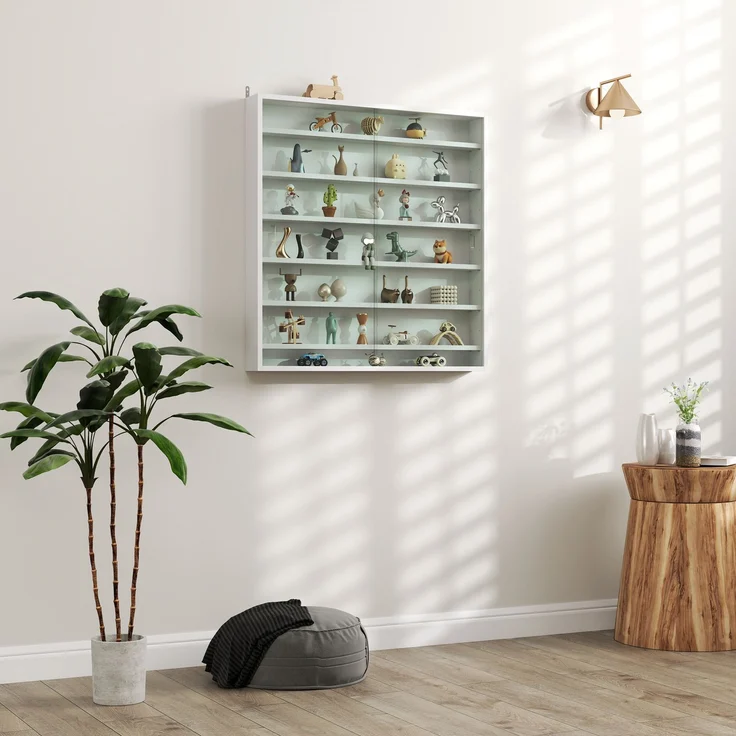 Wandvitrine für Sammlerstücke, 6 höhenverstellbare Böden, 2 Glasschiebetüren, 80 x 9,5 x 83 cm – Bild 3