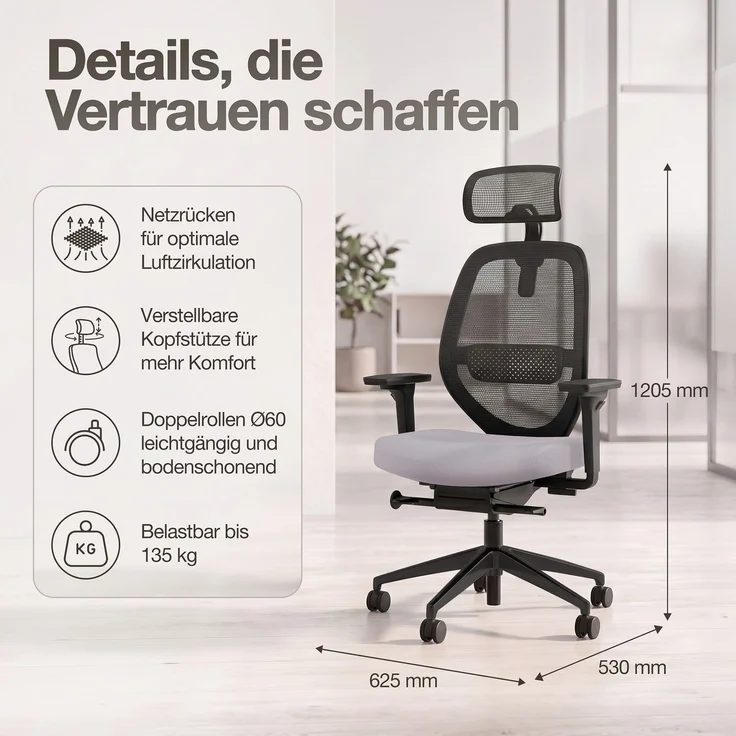 ASSMANN Ergonomischer Bürostuhl Atessa mit Netzrücken und Kopfstütze Hellgrau 63x53x121cm Textil – Bild 6