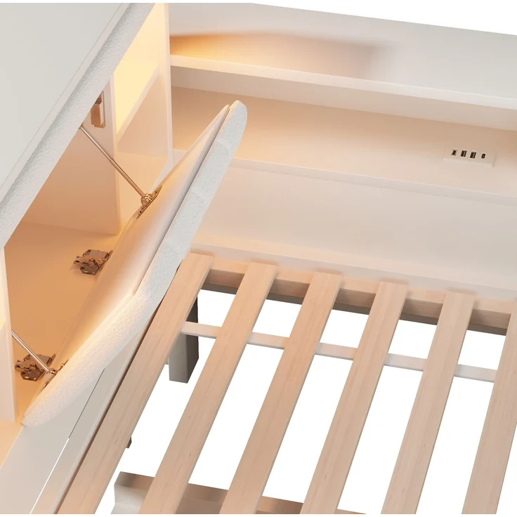 Tagesbett aus Holz mit Ausziehbett, Licht & USB-Anschluss, 140x190 cm, Weiß, ohne Matratze – Bild 10