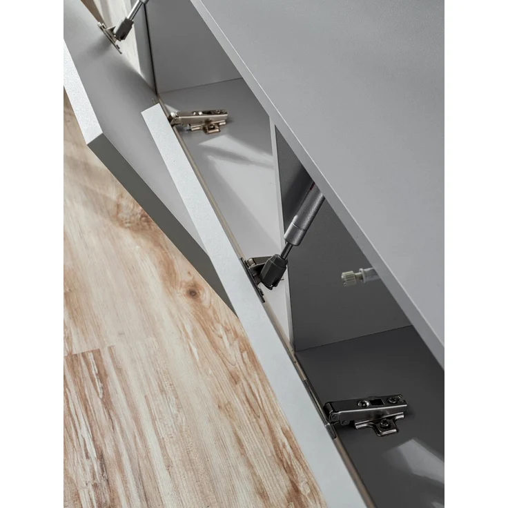 Wohnwand Verti mit Beleuchtung in Perla Gray und Artrisan mit Lamellenplatte 220 x 148 x 35 cm 3-teilig – Bild 7
