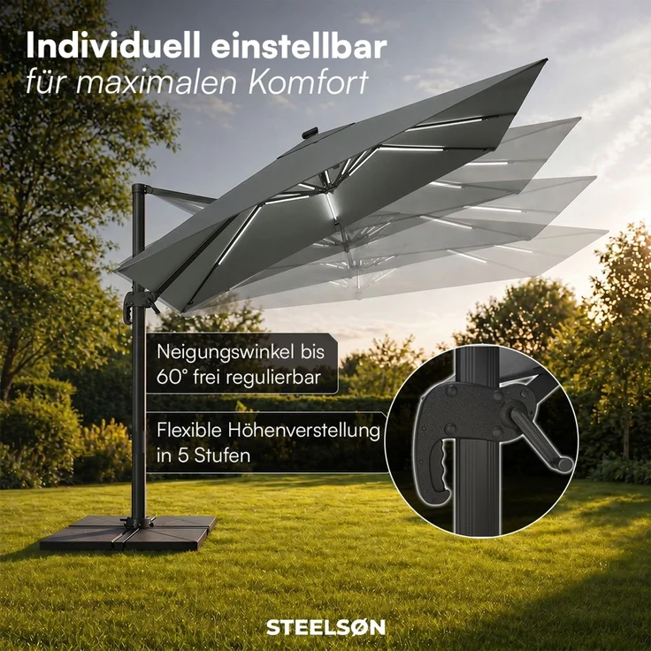 STEELSØN 'Lyrion' Sonnenschirm LED Solar 300x300 cm quadratisch, neigbar und 360-Grad drehbar, anthrazit, Ampelschirm inkl. Abdeckung, UV50+ – Bild 3