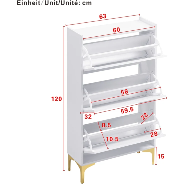 Schuhschrank aus MDF mit Klappfächern, 63x24x120 cm, Weiß – Bild 3