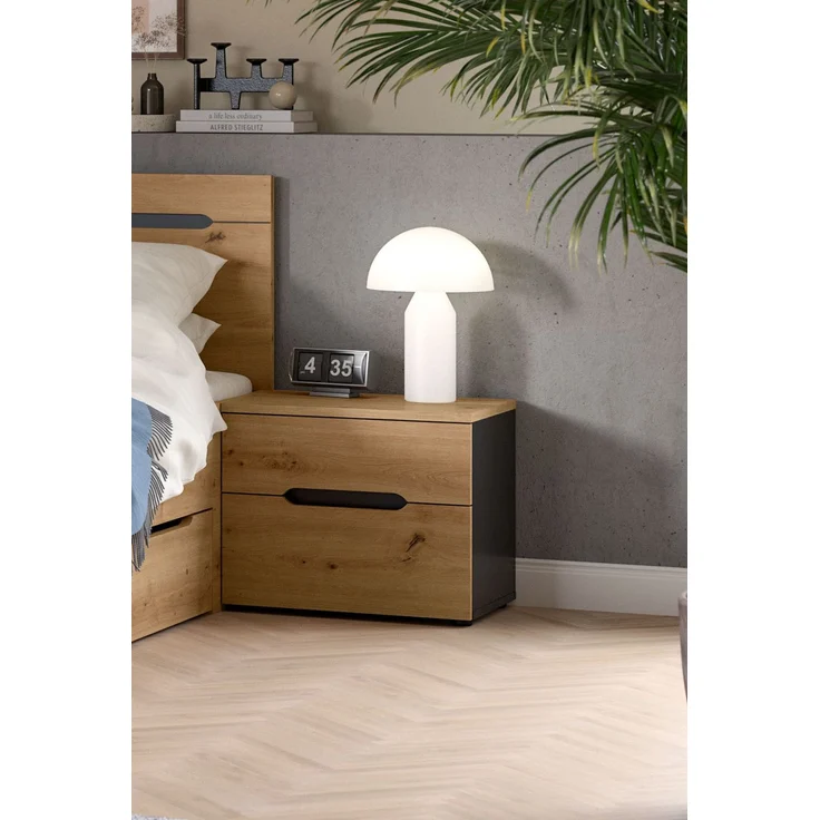Nachttisch Sova 2er-Set – Eiche-Optik & Schwarz, 50x42x37 cm, mit Stauraum & Schublade – Bild 2
