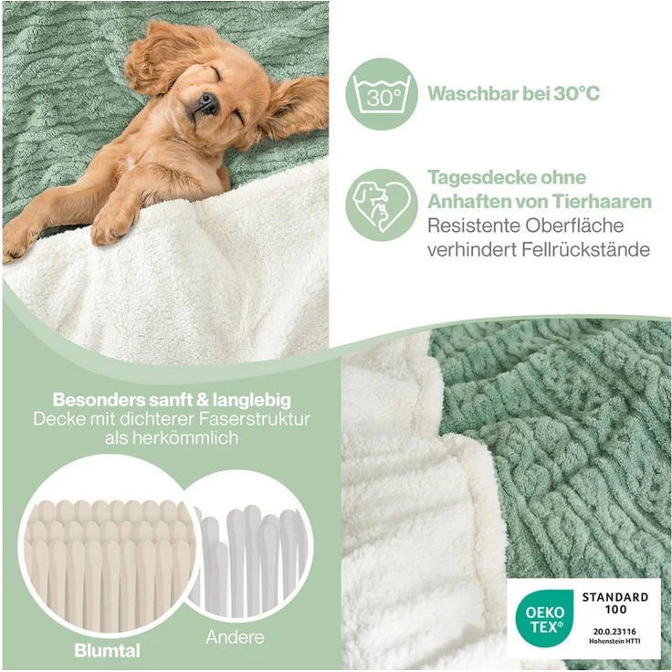 Wohndecke Oeko-TEX zertifizierte waschbare Wohn- & Kuscheldecke, Blumtal, mit weicher Sherpa-Innenseite – Bild 2
