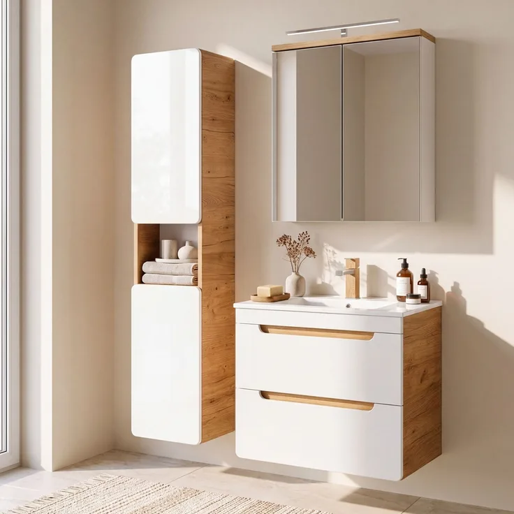 Badezimmer Waschplatz Set inkl. 61 cm Keramikwaschtisch LUTON-56 Hochglanz weiß mit Wotan Eiche Nb, B/H/T ca. 110/200/46 cm
