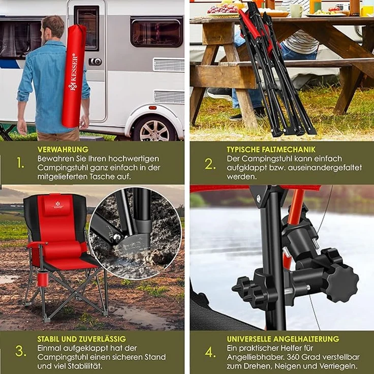 KESSER® Campingstuhl faltbar bis 160 kg, Klappstuhl, Gepolstert mit Armlehnen, Campinglicht und Getränkehalter + Tasche mit hoher Rückenlehne, mit Angelhalterung, Rot / Schwarz, 95 x 65 x 59 cm – Bild 3